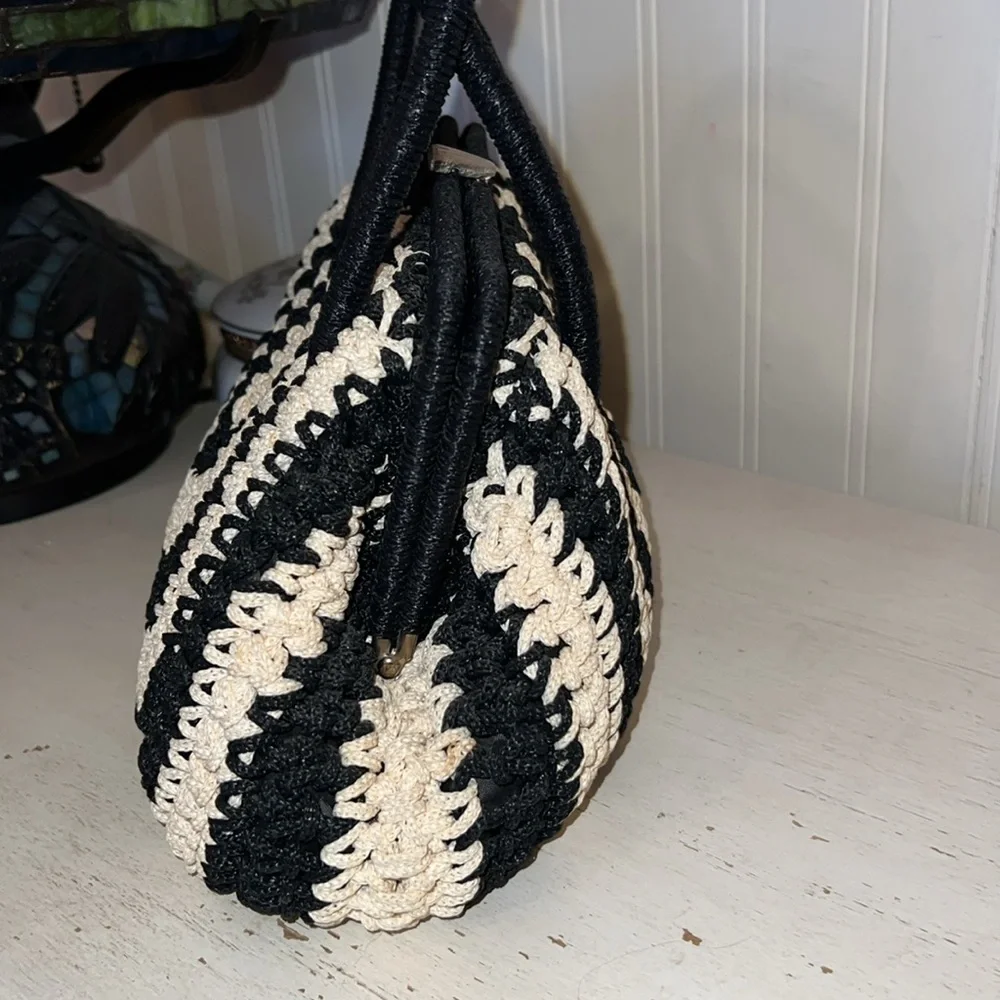 50's Vintage woven handbag satchel black cream 12.5” w x 7” t x 5” d